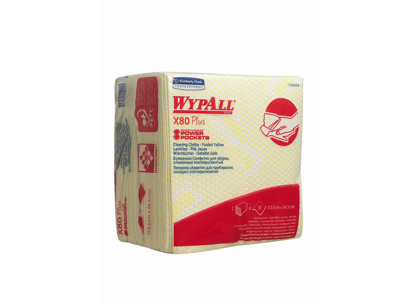 WypAll® X80 Plus Cloths (19164), Quarter-Fold Yellow Cloths, 8 Packs / Case, 30 Cloths / Pack (240 Cloths)