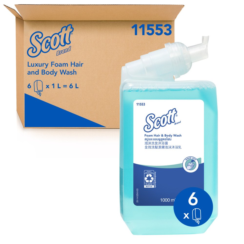 Scott® Foam Hair and Body Wash (11553), Refillable Hair and Body Wash, 6 Cartridges / Case, 1 Litre / Cartridge (6L)