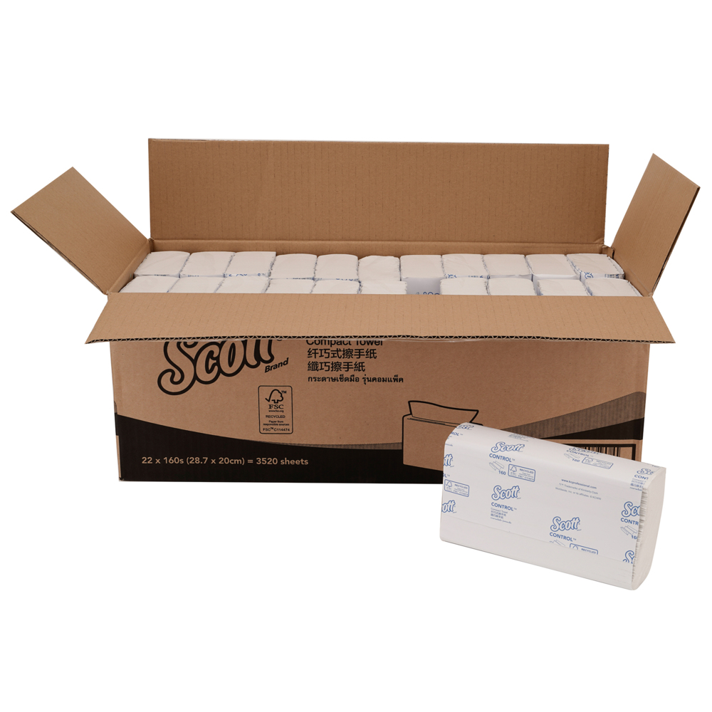 Scott® Control Compact Paper Towels - Multifold, Standard (27011), White 1-Ply, 22 Packs / Case, 160 Sheets / Pack (3,520 Sheets)