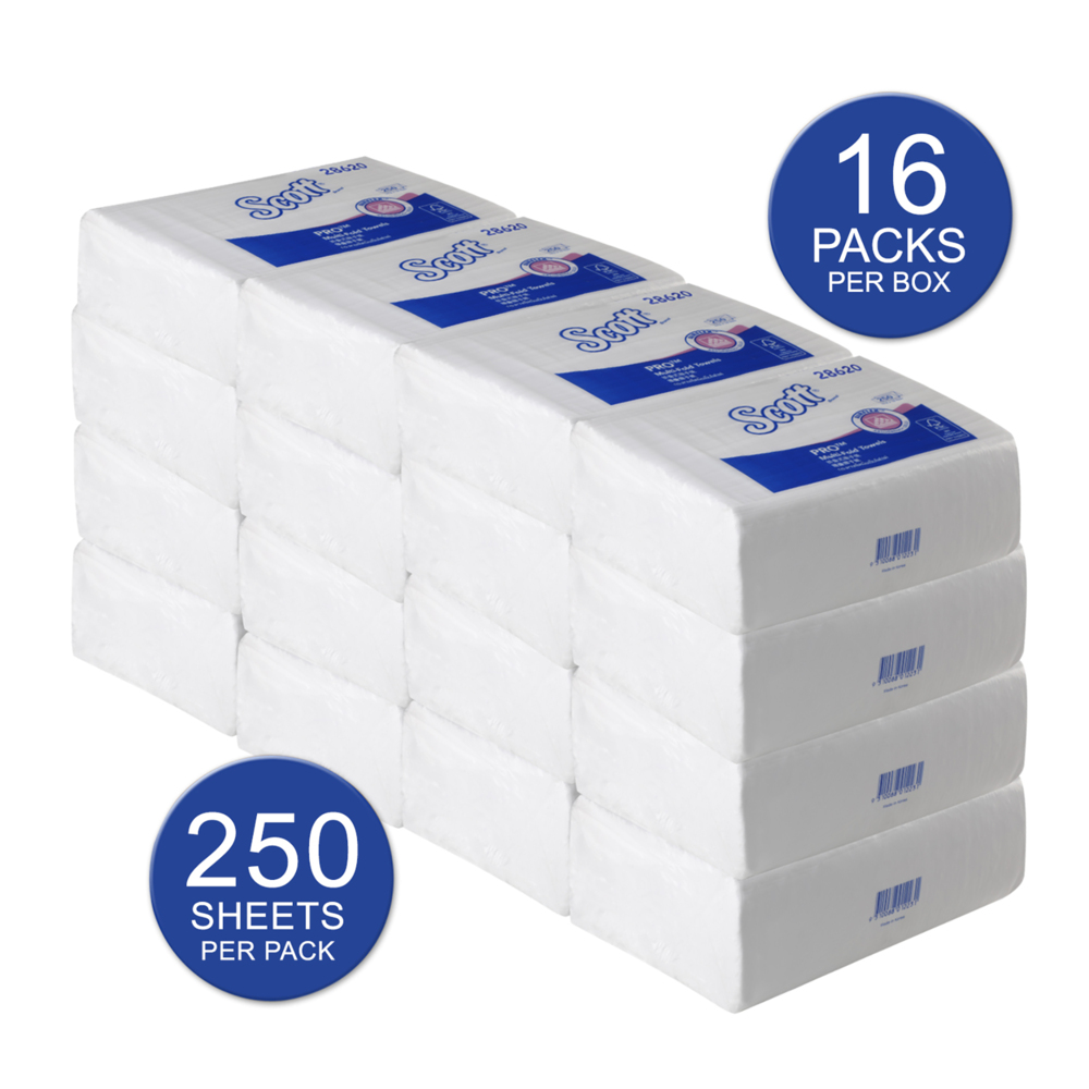 Scott® Multifold Paper Towels (28620), White 1-Ply, 16 Packs / Case, 250 Sheets / Pack (4,000 Sheets)