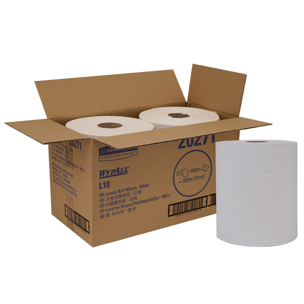 WypAll® Jumbo Roll Wipers (20271), White 1-Ply, 2 Rolls / Case, 600m / Roll (1200m)