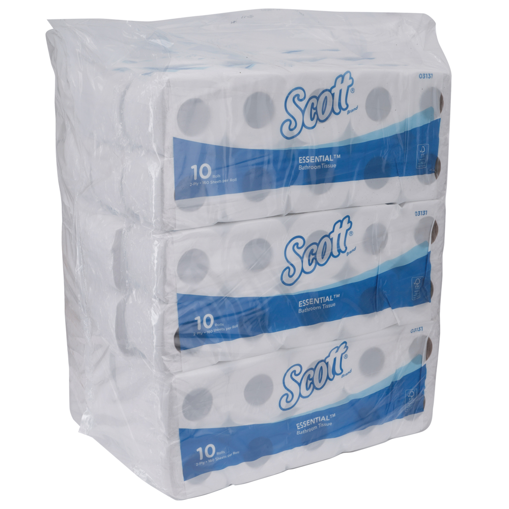 Scott® Essential Standard Roll Toilet Tissue (03131), White 2-Ply, 12 Packs / Case, 10 Rolls / Pack, 160 Sheets / Roll (120 Rolls, 19,200 Sheets)
