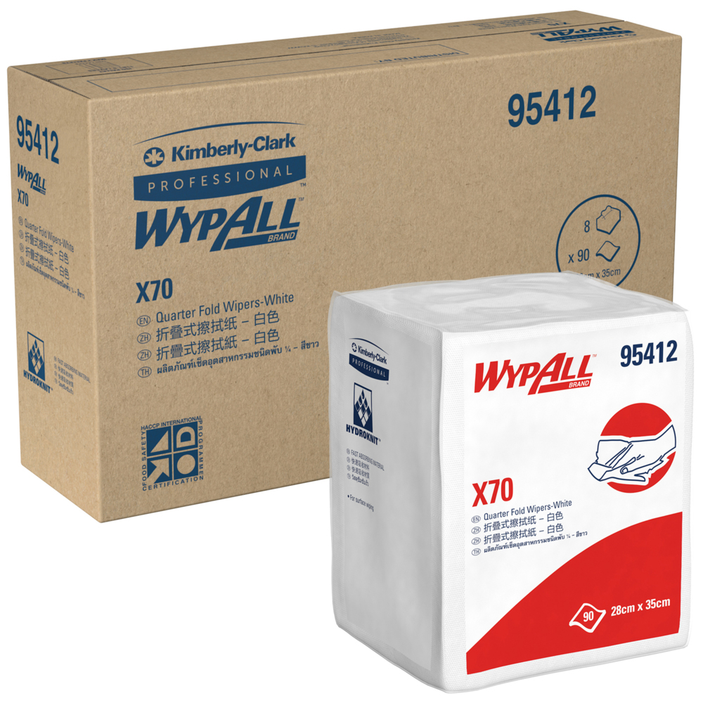 WypAll® X70 Single Sheet Wipers (95412), White 1-Ply, 8 Packs / Case, 90 Sheets / Pack (720 Sheets)
