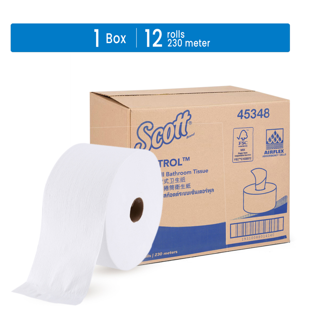 Scott® Control 1 Ply Centrepull Toilet Tissue (45348), 12 Rolls / Case, 230m / Roll (2,760m)
