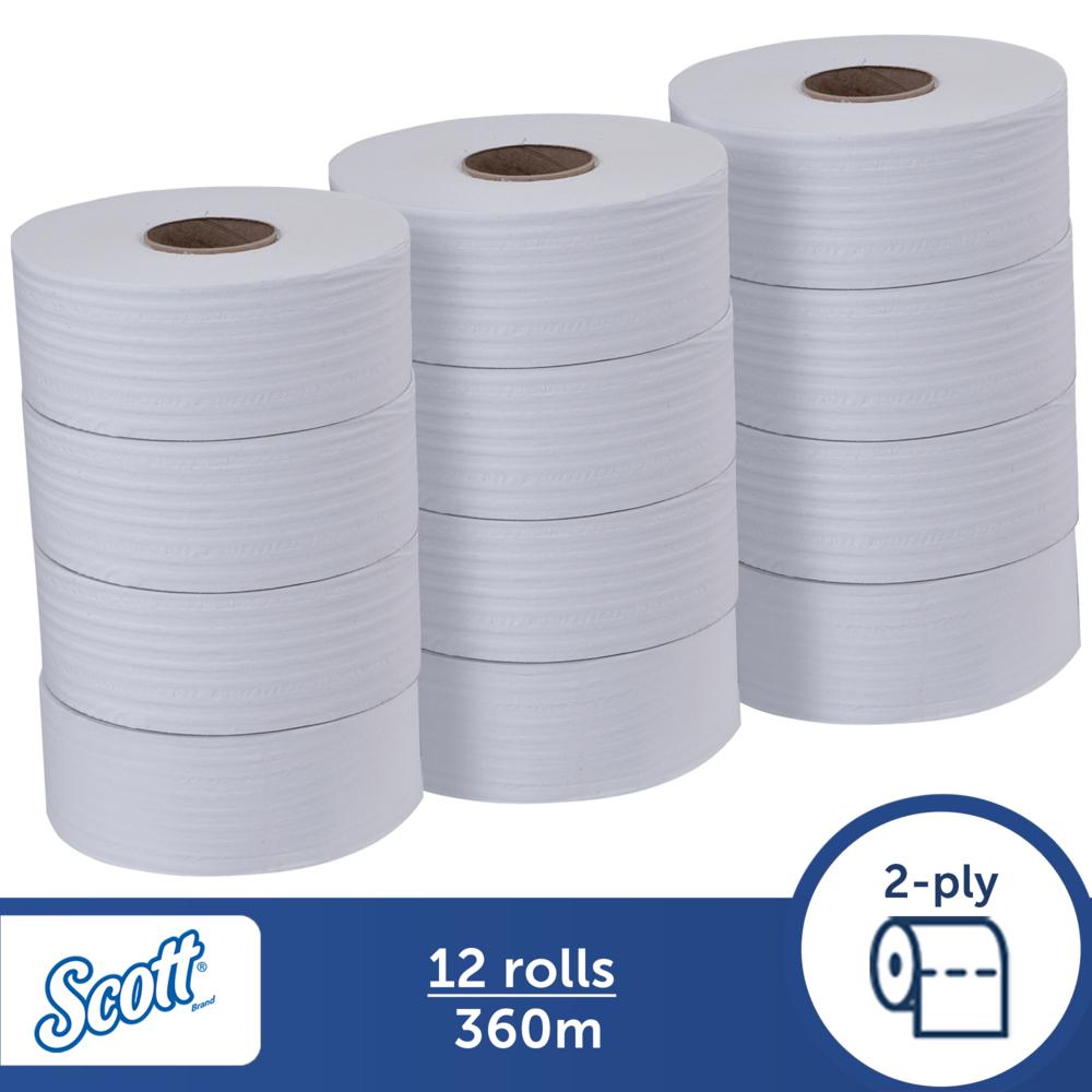 Scott® Essential Jumbo Roll Toilet Tissue (06514), White 2-Ply, 12 Rolls / Case, 360m / Roll (4,320m)